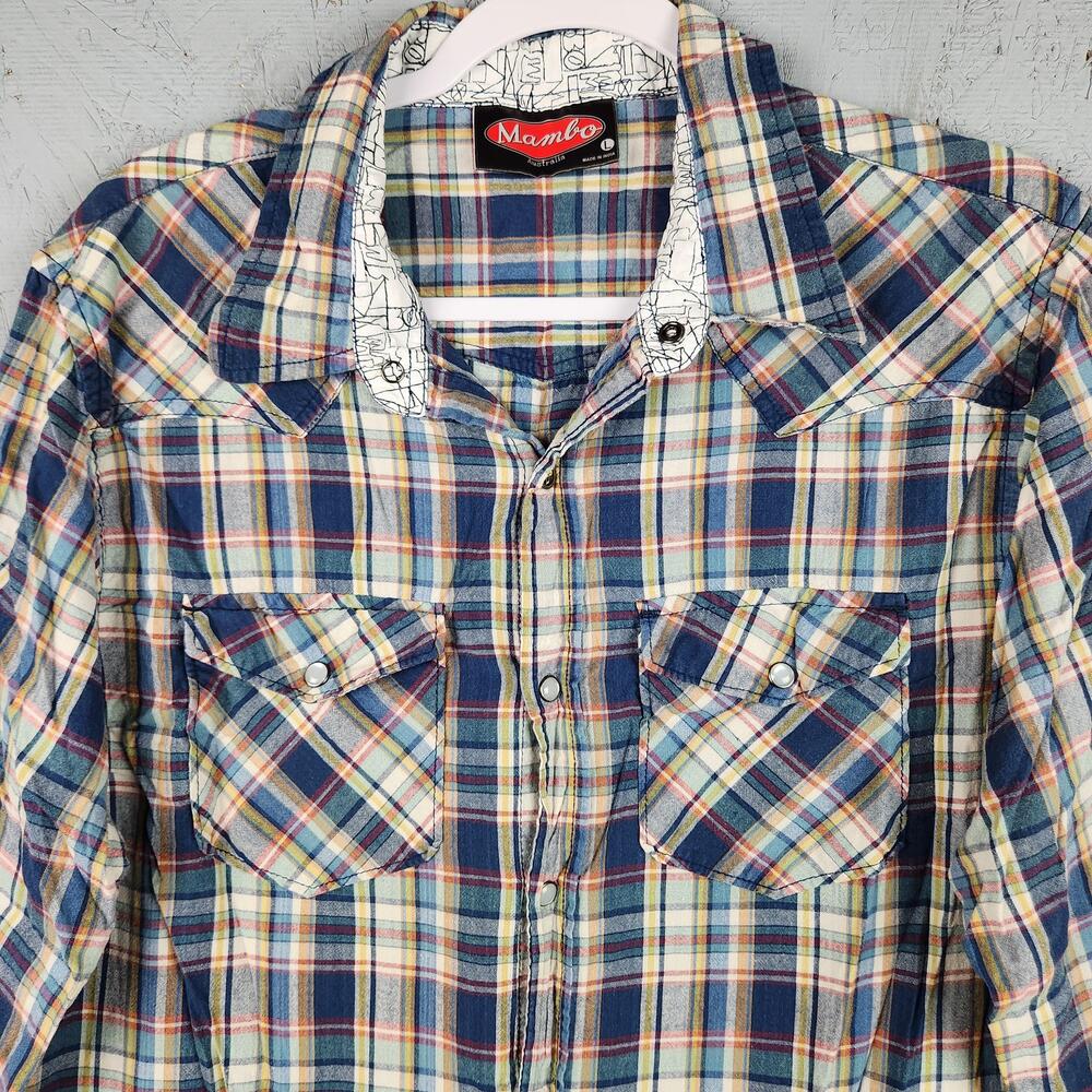 Mambo Australia Shirt Mens Large Blue Plaid Snap Front Western Long Sleeve Rodeo